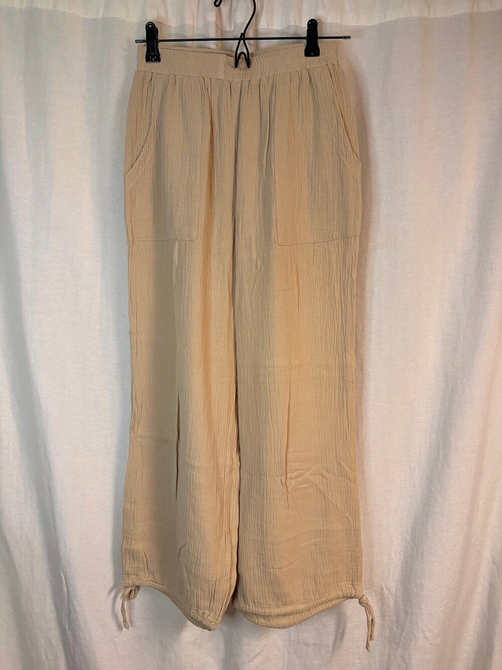 Beige Gauze Wide Leg Harem Jogger Pants Small Elastic Waist Coastal Boho